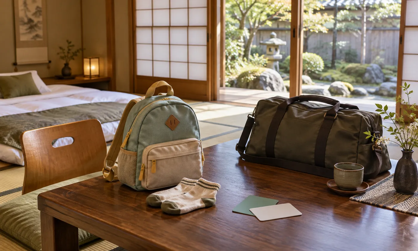 日式客房裡的兒童背包、旅行用品與窗外庭園，親子出遊示意