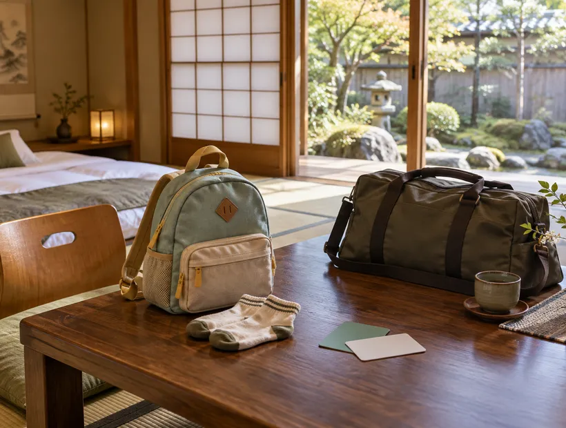 日式客房裡的兒童背包、旅行用品與窗外庭園，親子出遊示意
