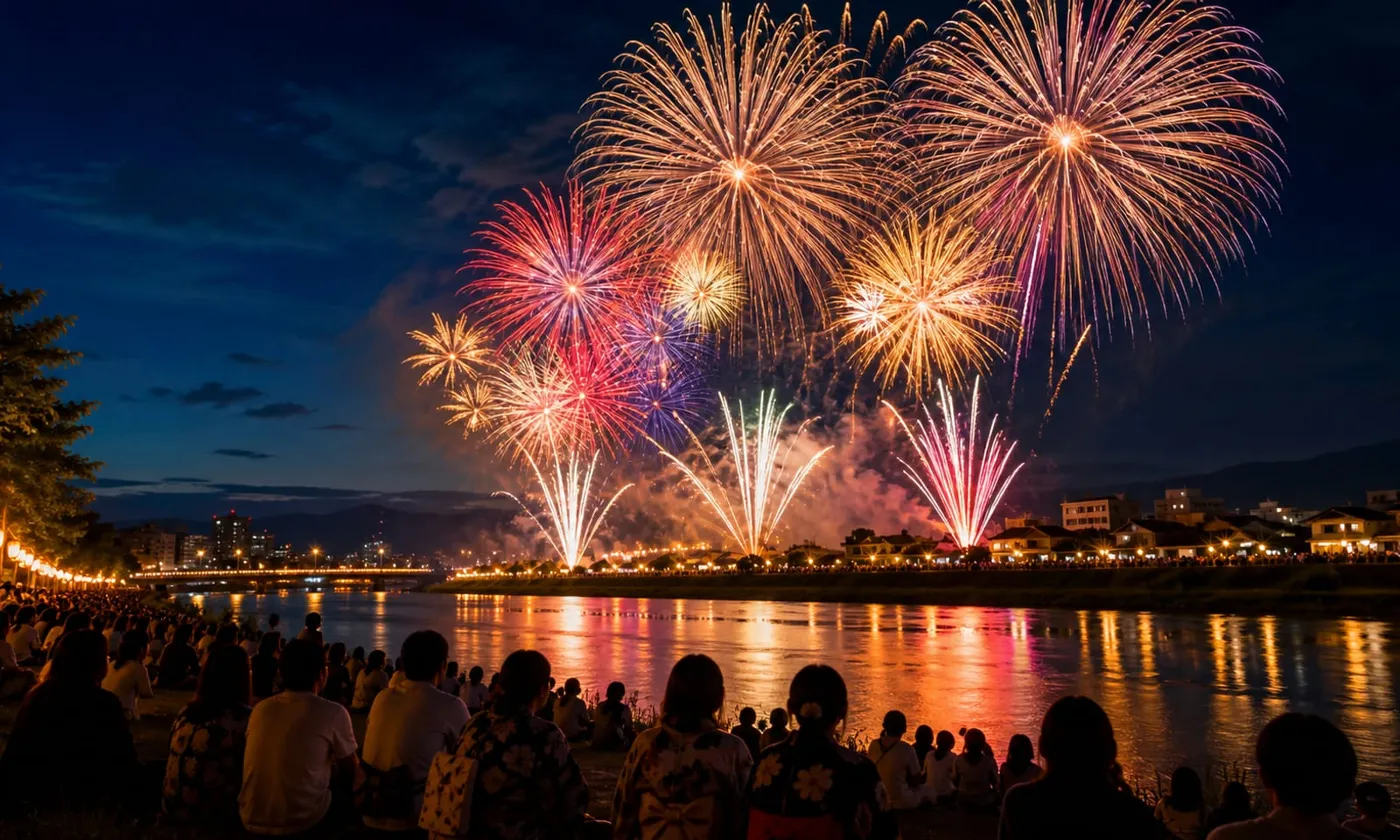 夏夜河畔綻放的大輪花火與觀眾剪影,日本花火大會示意