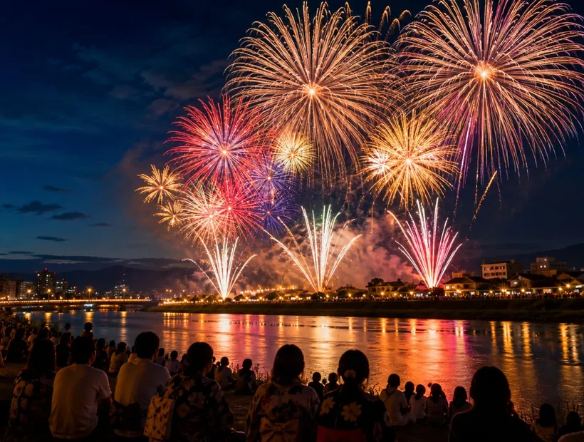 夏夜河畔綻放的大輪花火與觀眾剪影,日本花火大會示意