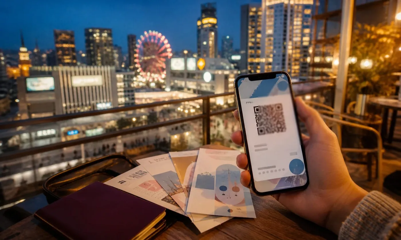 電子票券 QR 與紙本票券,日本旅遊線上訂票示意