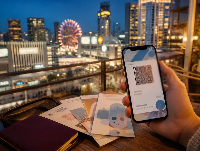 電子票券 QR 與紙本票券,日本旅遊線上訂票示意