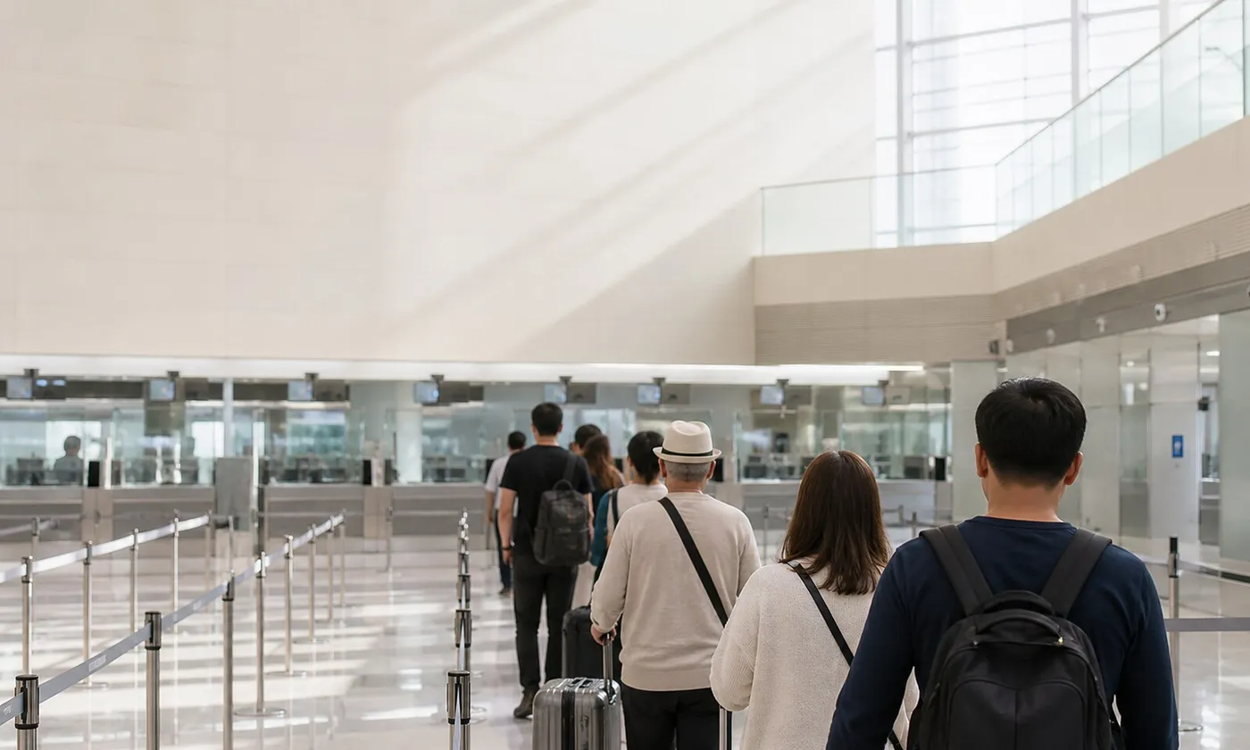 機場入境審查大廳與旅客排隊動線,韓國入境流程示意