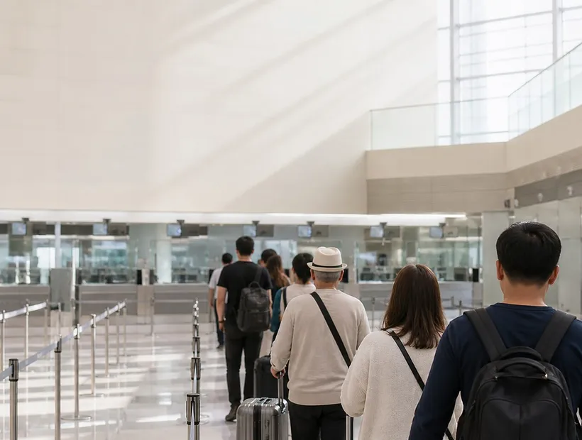 機場入境審查大廳與旅客排隊動線,韓國入境流程示意