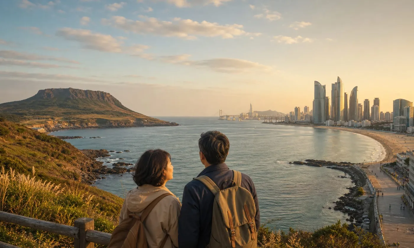 濟州島海岸自然風景與釜山海雲台海港城市天際線,韓國目的地選擇示意