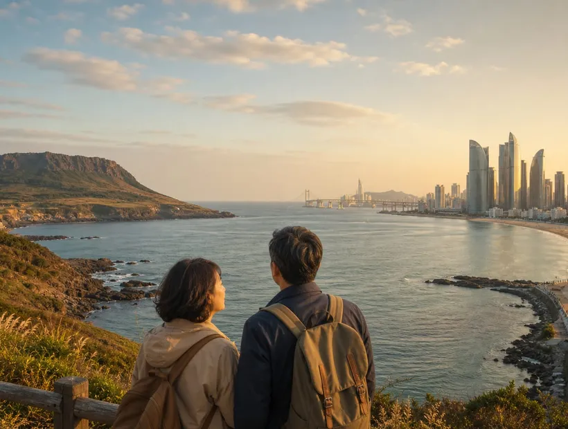 濟州島海岸自然風景與釜山海雲台海港城市天際線,韓國目的地選擇示意