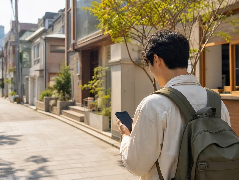 旅客在韓國街頭看手機確認方向,晴天的首爾巷弄,韓國導航 App 示意