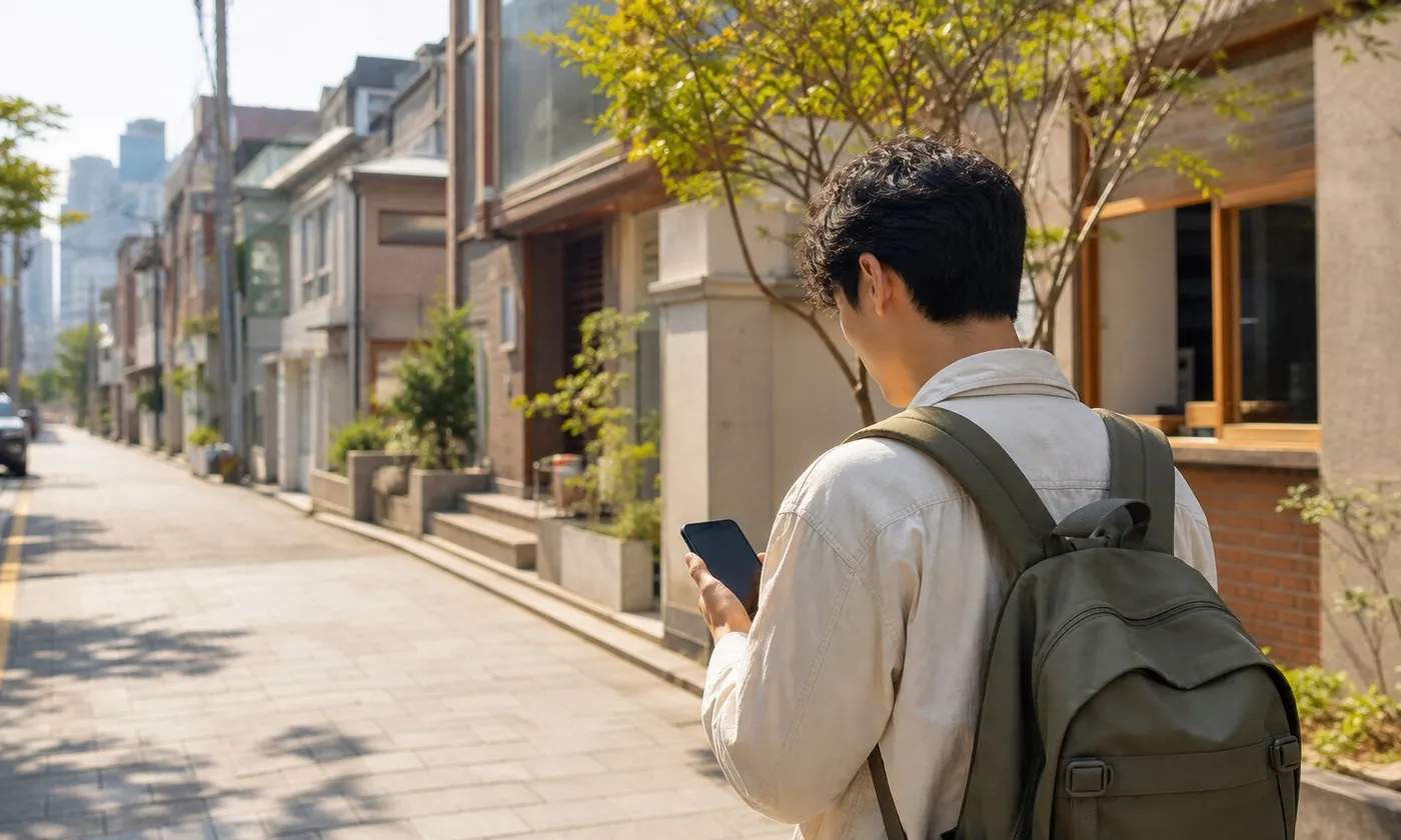 旅客在韓國街頭看手機確認方向,晴天的首爾巷弄,韓國導航 App 示意