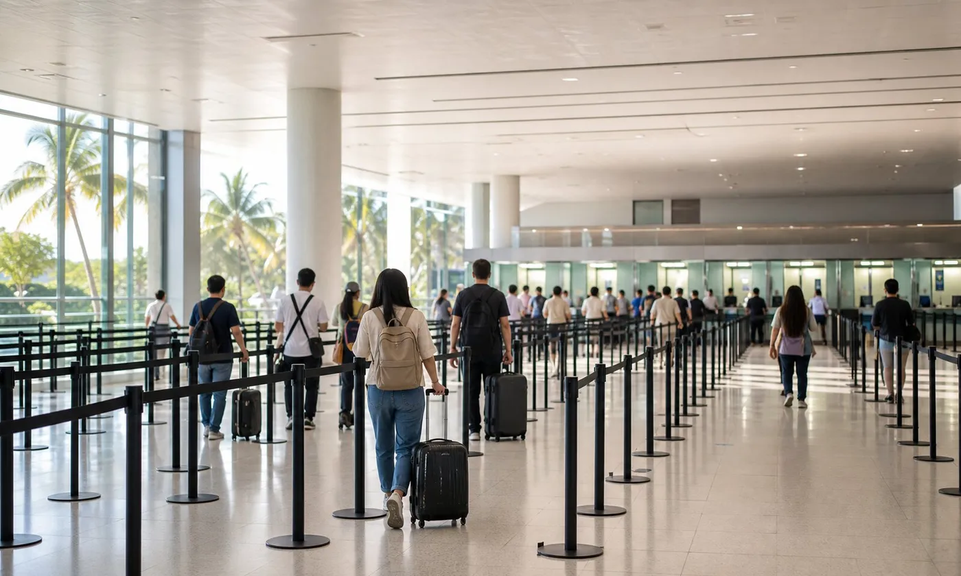白天的機場入境審查大廳與旅客排隊動線,泰國入境流程示意