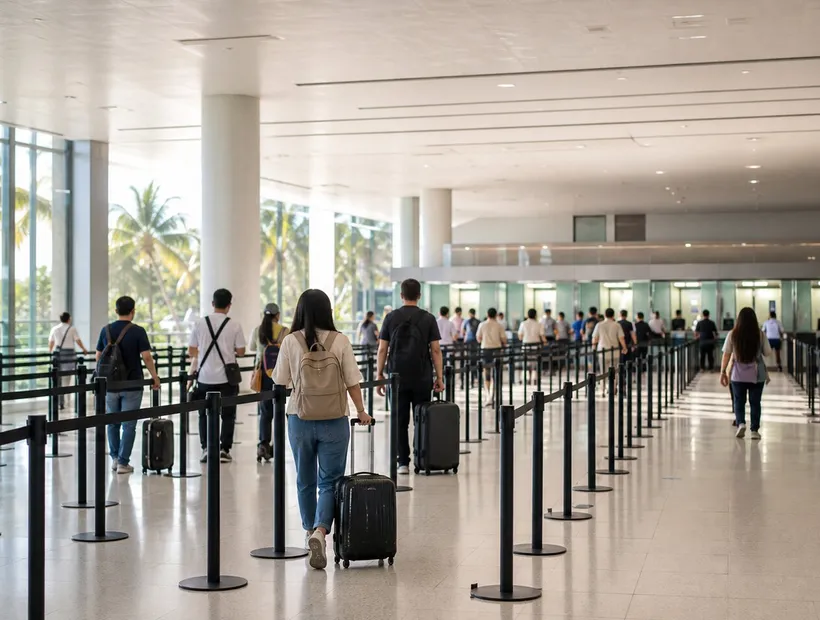 白天的機場入境審查大廳與旅客排隊動線,泰國入境流程示意