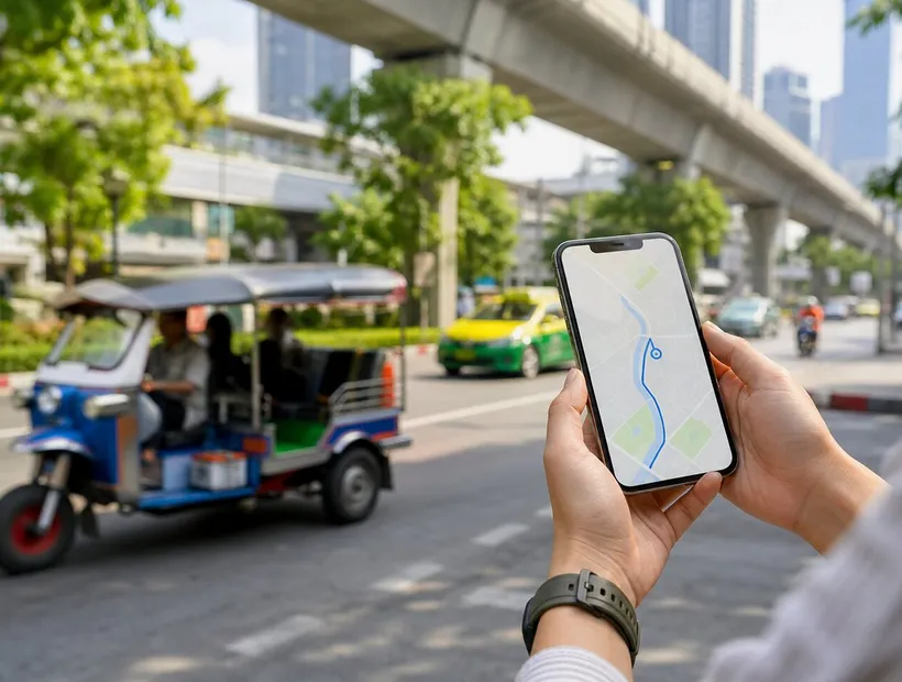 旅客在白天的曼谷街頭用手機查看地圖,泰國 eSIM 與落地叫車示意
