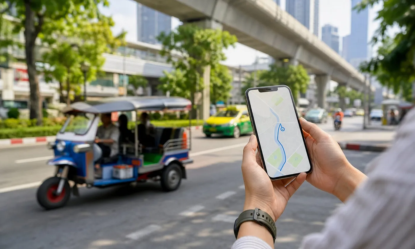 旅客在白天的曼谷街頭用手機查看地圖,泰國 eSIM 與落地叫車示意