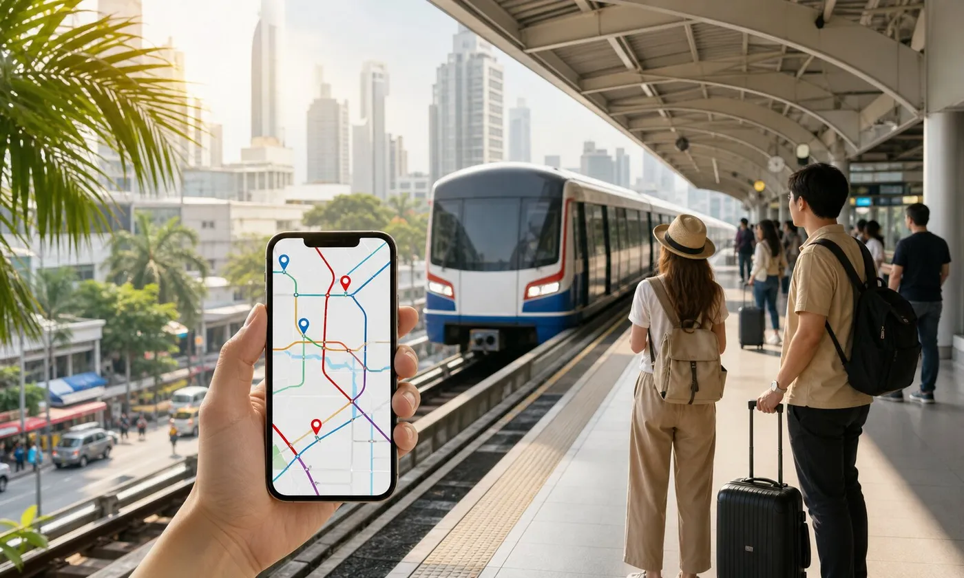 白天的曼谷高架電車月台,旅客用手機地圖規劃交通