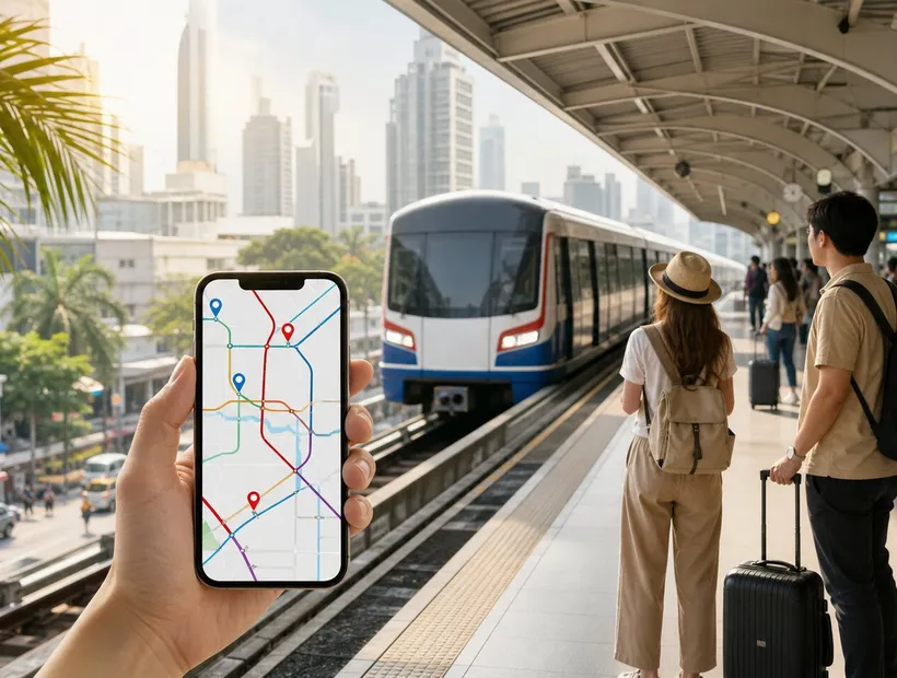 白天的曼谷高架電車月台,旅客用手機地圖規劃交通
